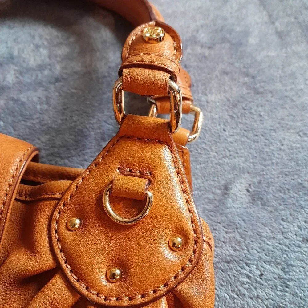Antonio Melani Tan Leather Satchel Handbag with Gold Hardware Width 12in.
